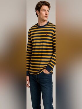 U.S. Polo Assn. Navy Yellow Striped Long Sleeve Shirt XL Y2K Preppy